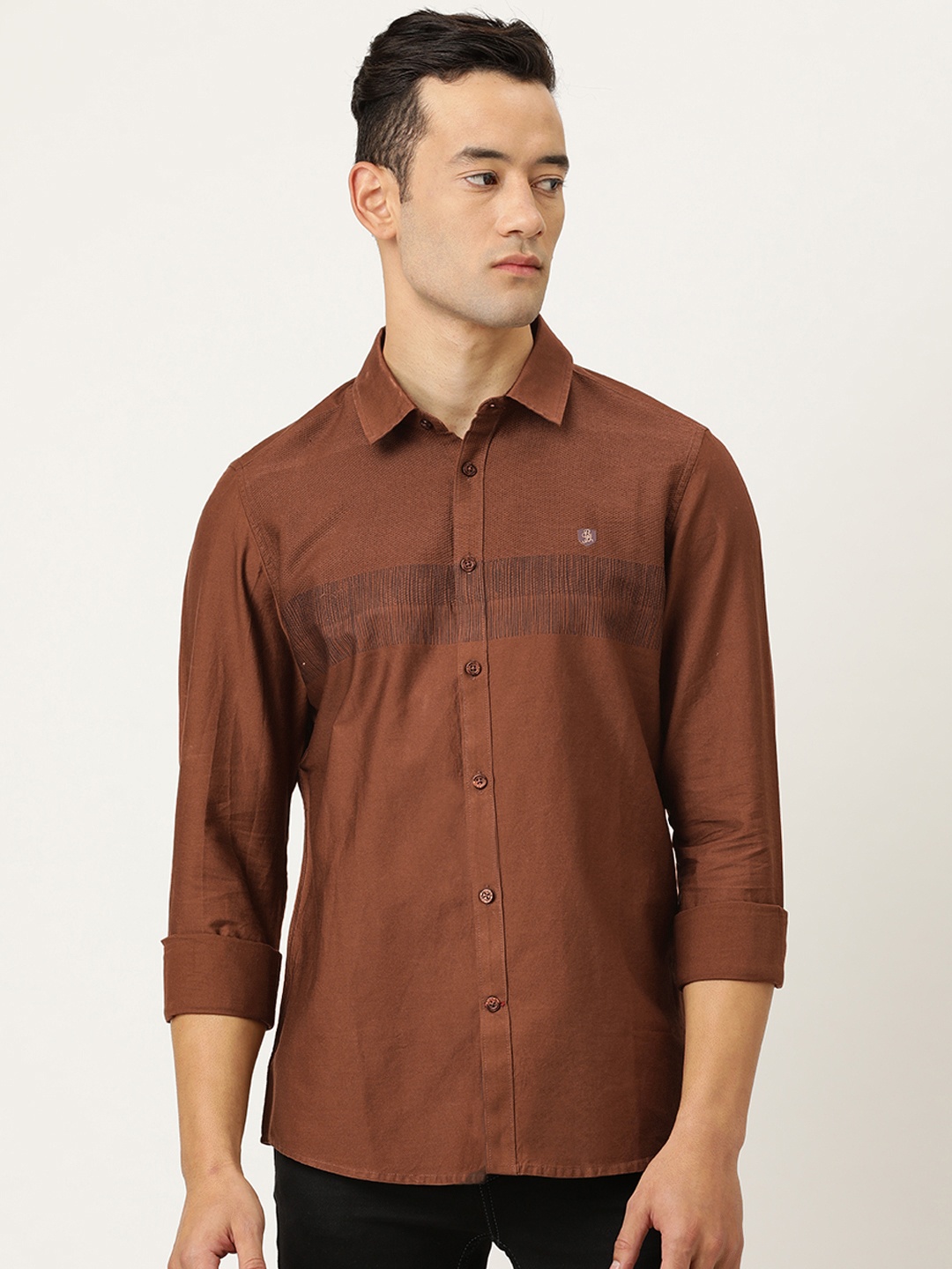 

Being Human Clothing Men Brown Slim Fit Solid Casual Shirt with Striped Detailing