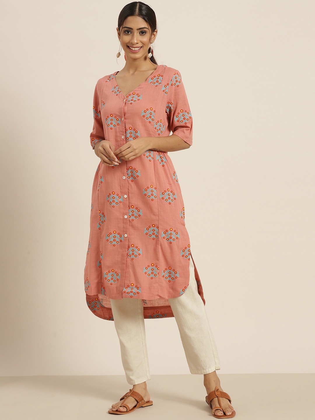

Sangria Women Pink & Blue Ethnic Motifs Printed Pure Cotton Straight Kurta