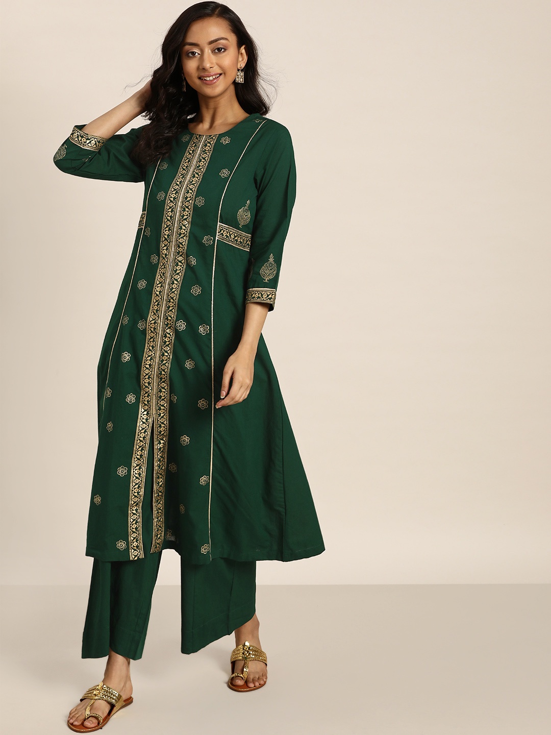 

Sangria Women Green & Golden Printed Pure Cotton A-line Kurta with Palazzos