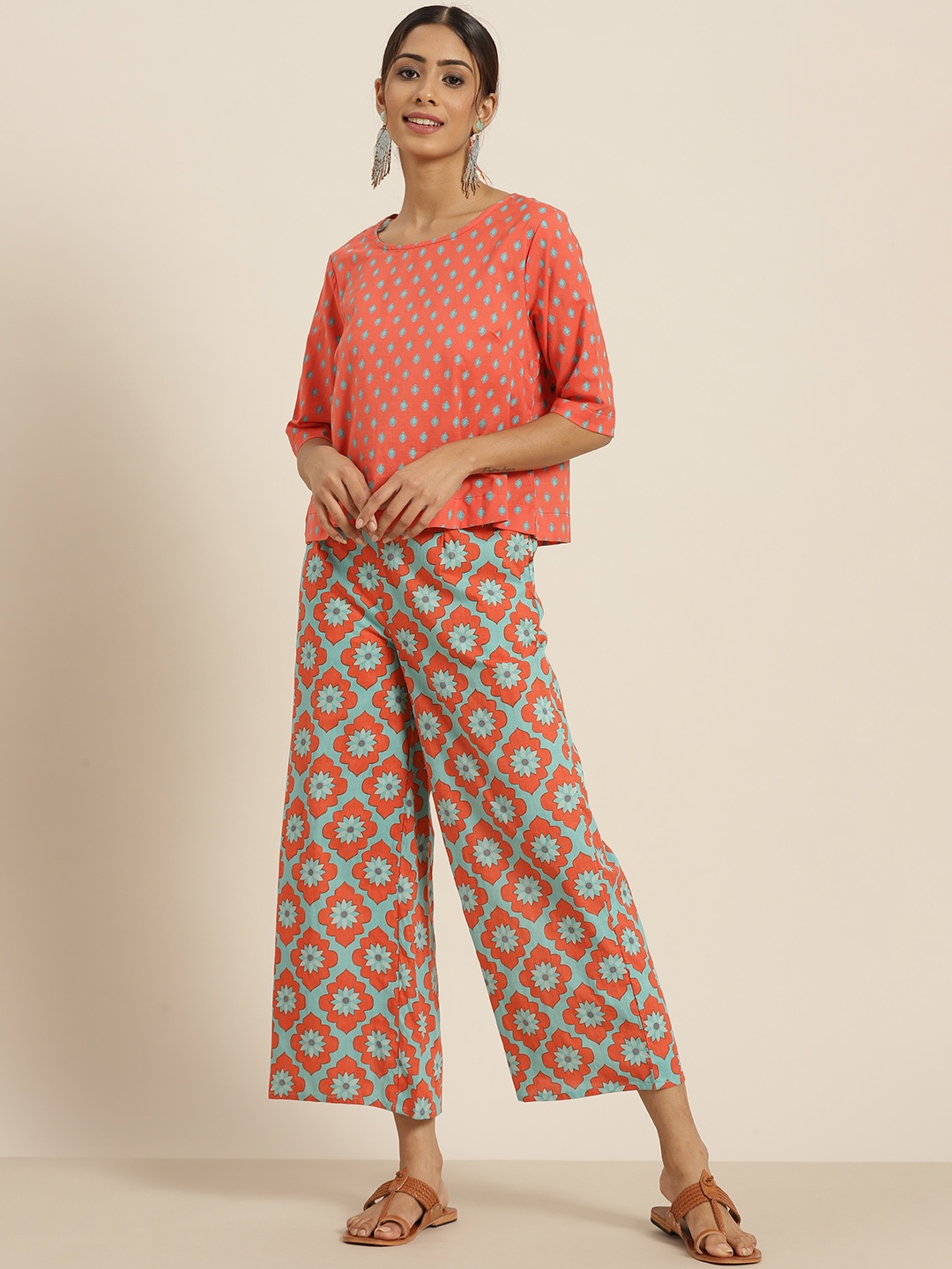 

Sangria Women Coral & Green Pure Cotton Printed Top with Palazzos