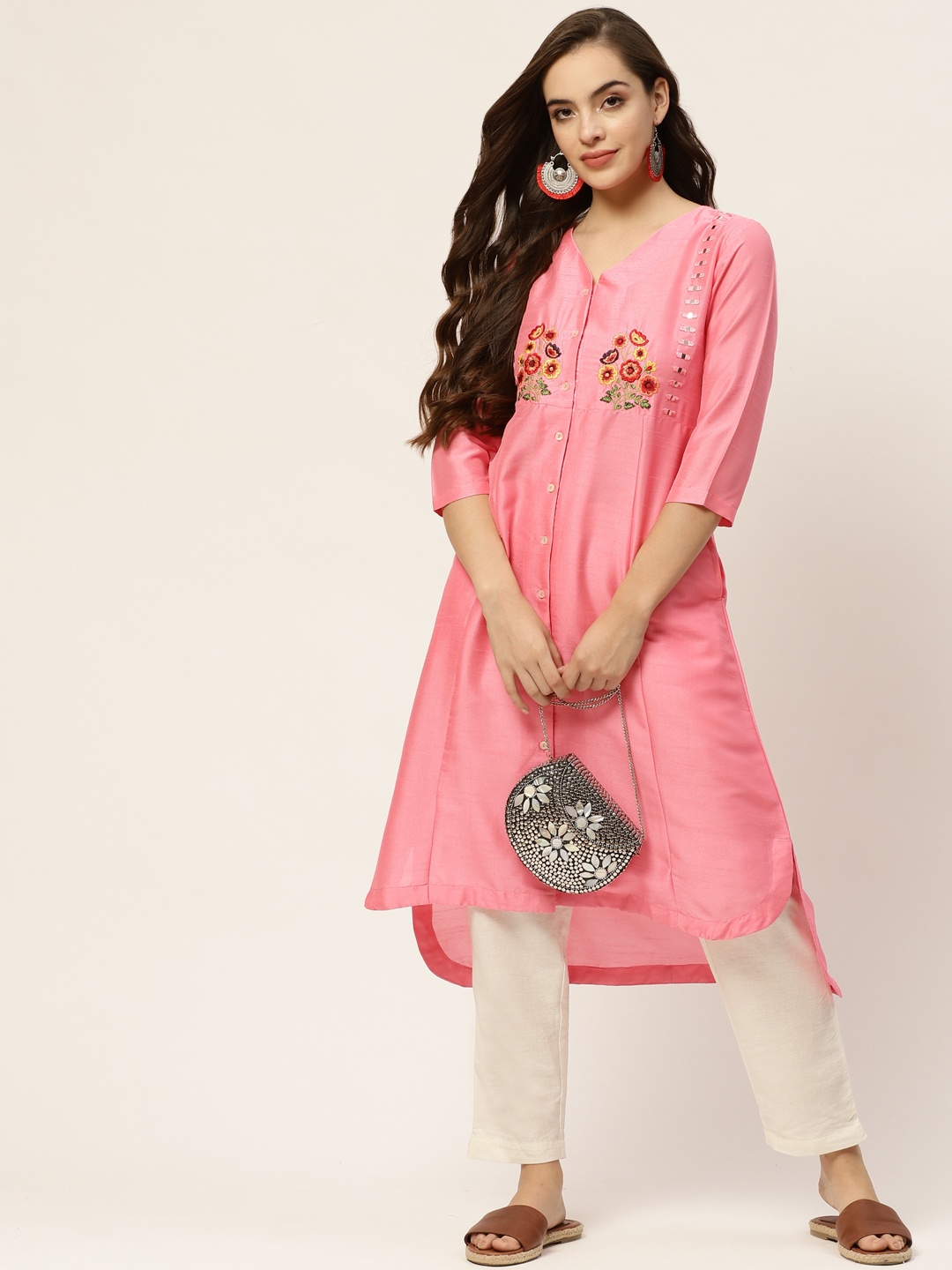 

Sangria Women Pink Floral Yoke Design Panelled A-Line Kurta