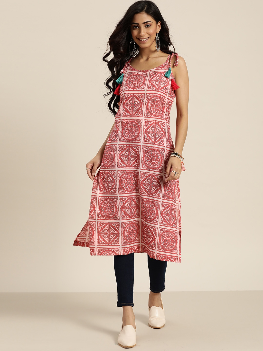 

Sangria Women Pink & Off White Pure Cotton Geometric Printed Kurta