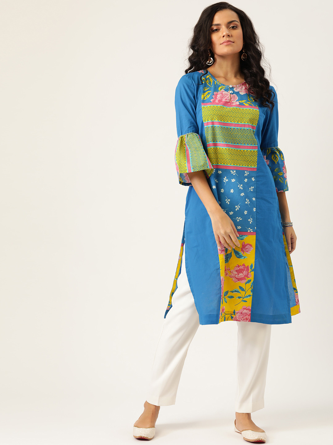 

Sangria Women Blue & yellow Floral Print Pure Cotton Bell Sleeves Straight Kurta