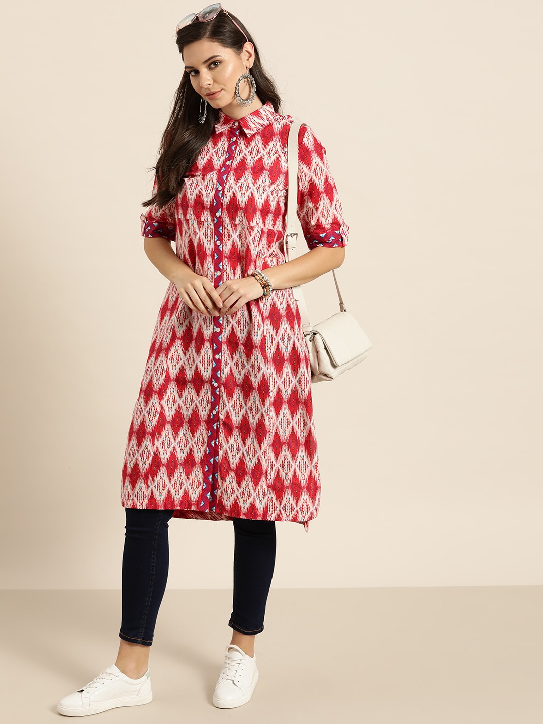 

Sangria Women Red & White Pure Cotton Printed Shirt Collar Pathani Kurta