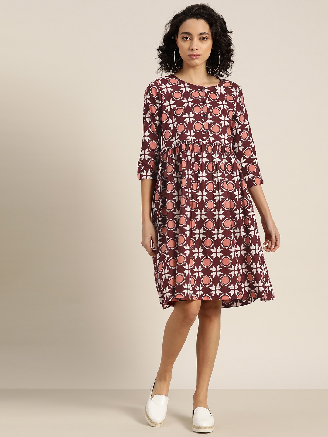 

Sangria Women Burgundy & White Printed Pure Cotton A-Line Dress