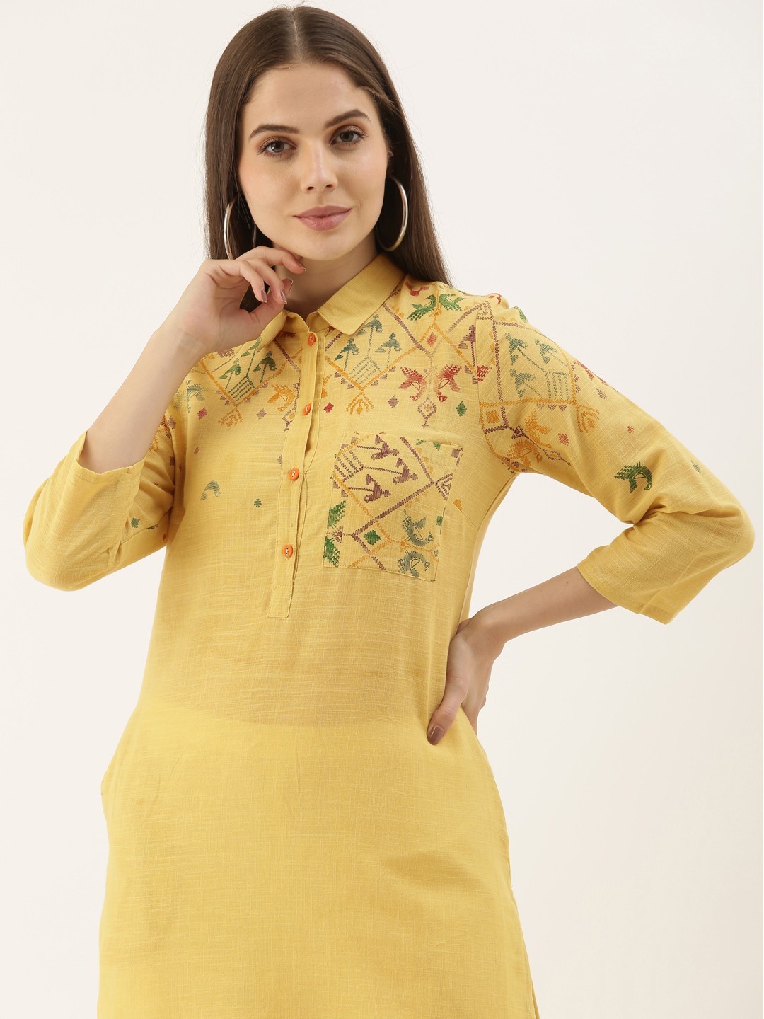 

Sangria Women Yellow Geometric Printed Shirt Collar Kurta with Pocket Detailing