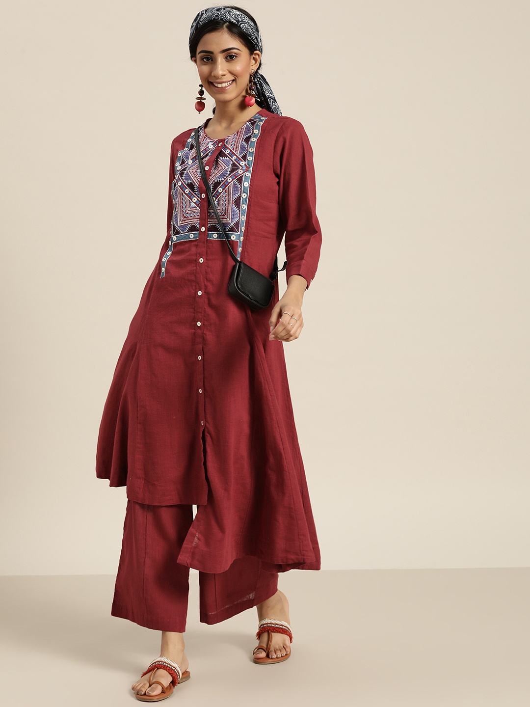 

Sangria Women Maroon & White Yoke Design Pure Cotton Kurta with Palazzos