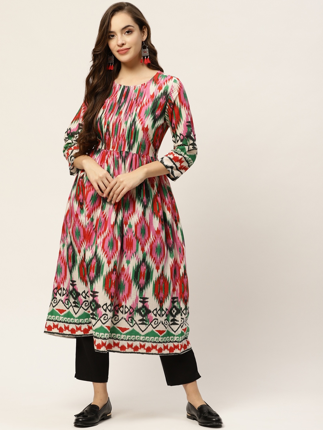 

Sangria Women Pink & Green Ikkat Printed A-Line Kurta