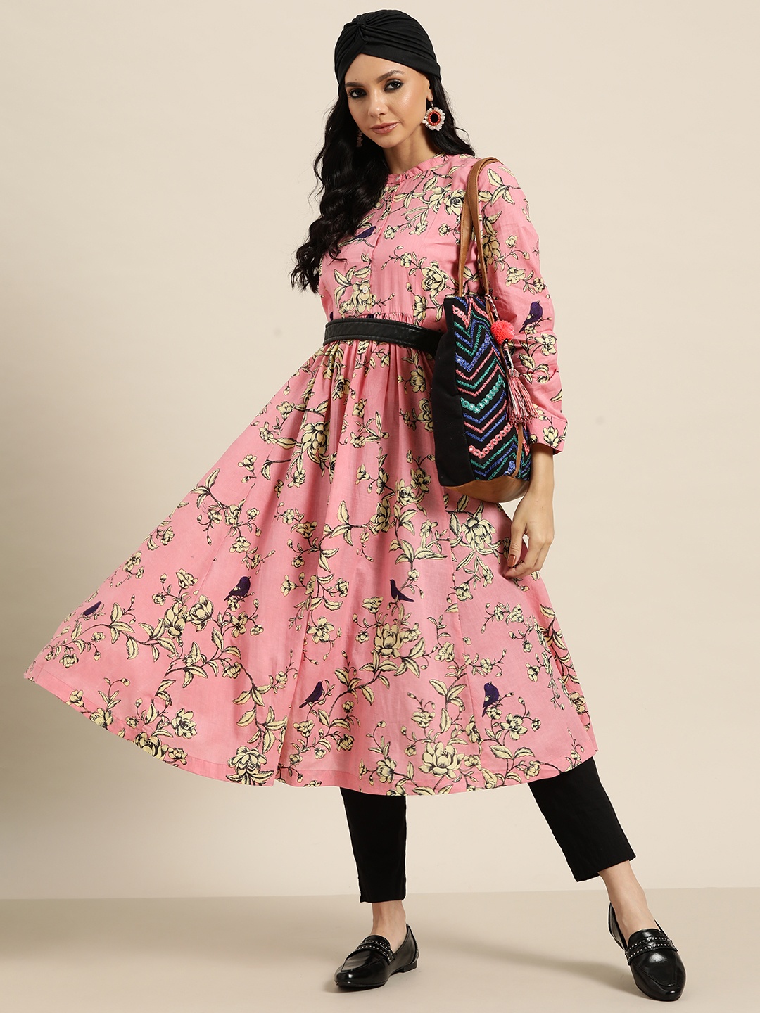 

Sangria Women Pink & Beige Floral Print Cotton Gathered A-line Kurta