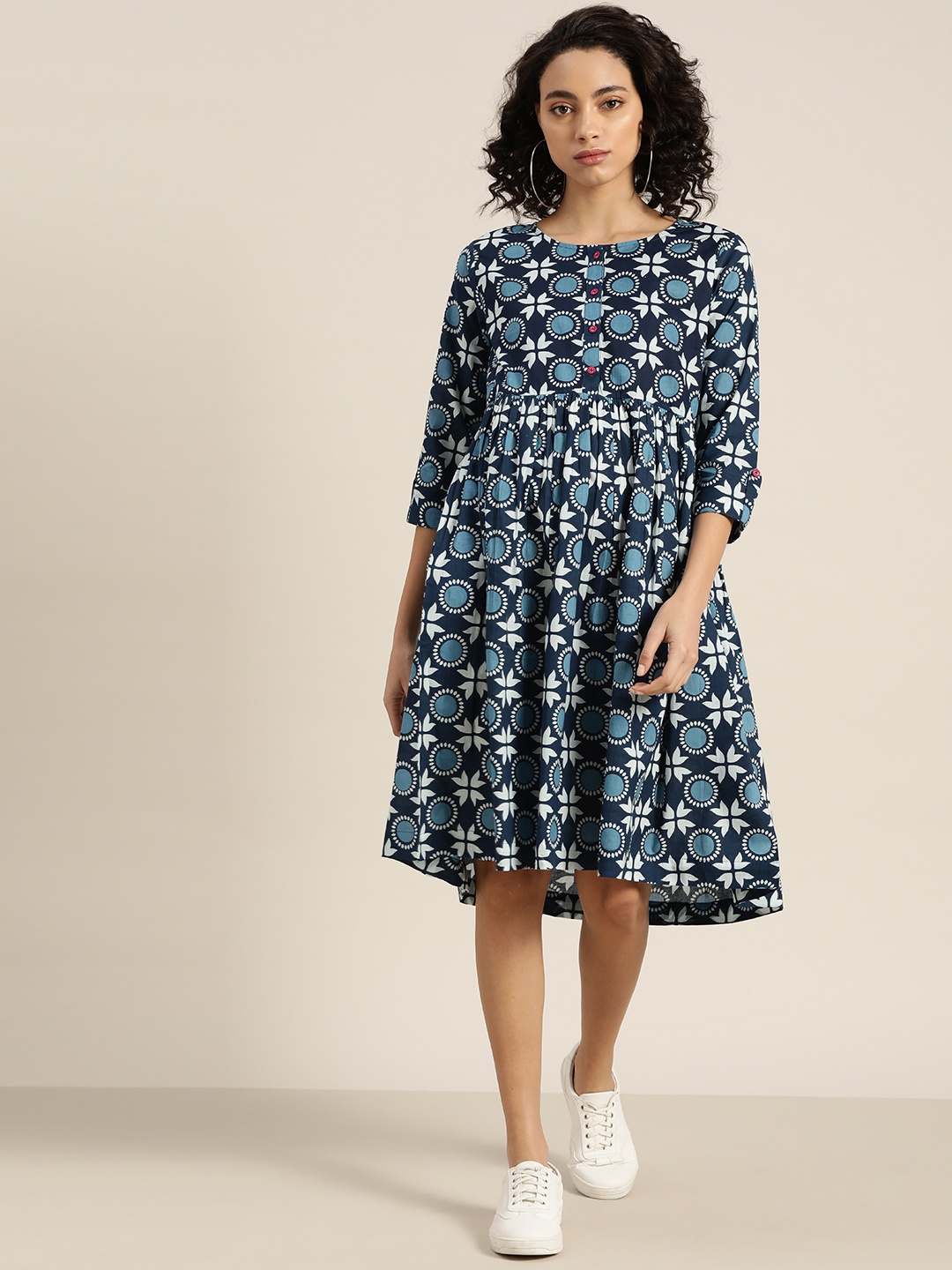 

Sangria Women Navy Blue & White Cotton Printed A-line Dress