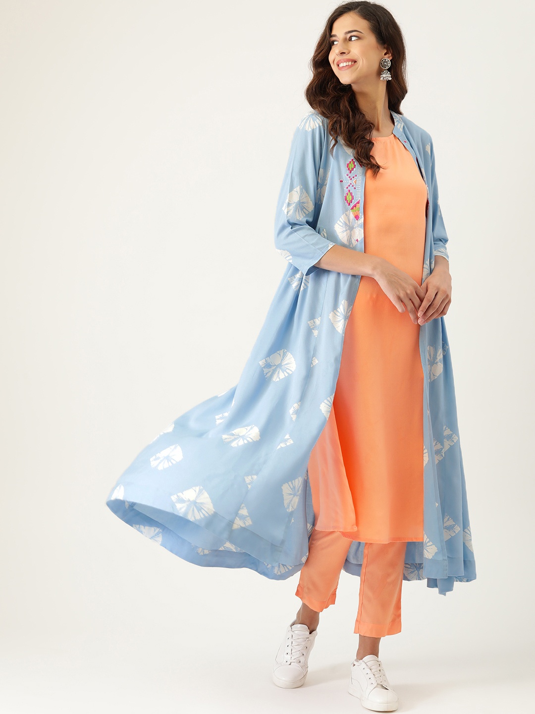 

Sangria Women Blue & Orange Ethnic Motifs Embroidered Kurta & Trousers with Jacket