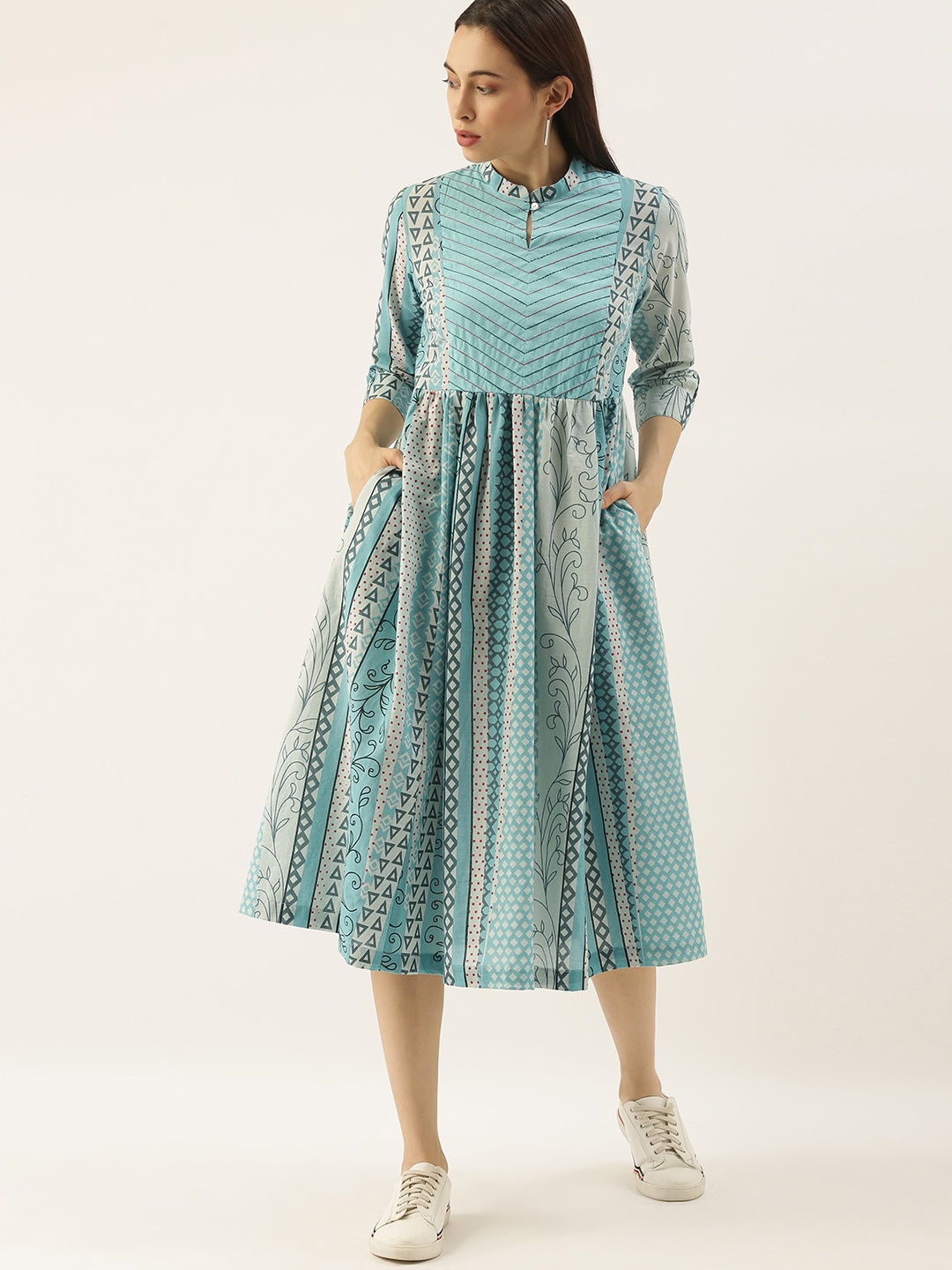 

Sangria Teal Blue & Off White A-Line Midi Dress