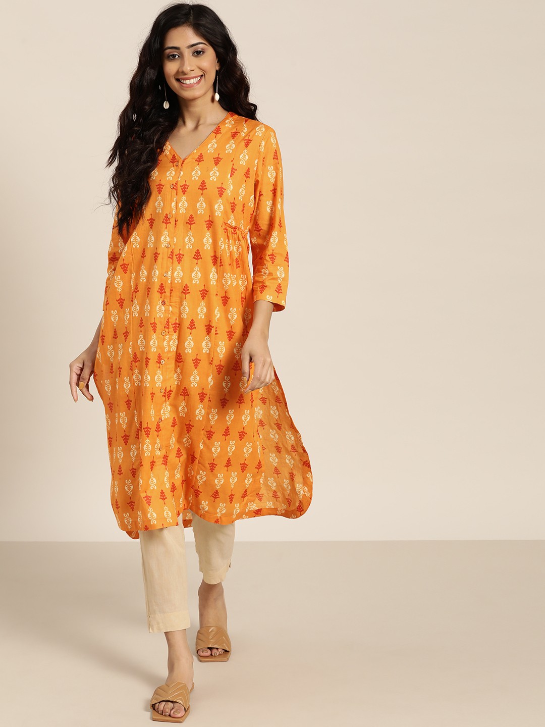 

Sangria Women Mustard Yellow & Maroon Ethnic Motifs Print Pure Cotton A-Line Kurta