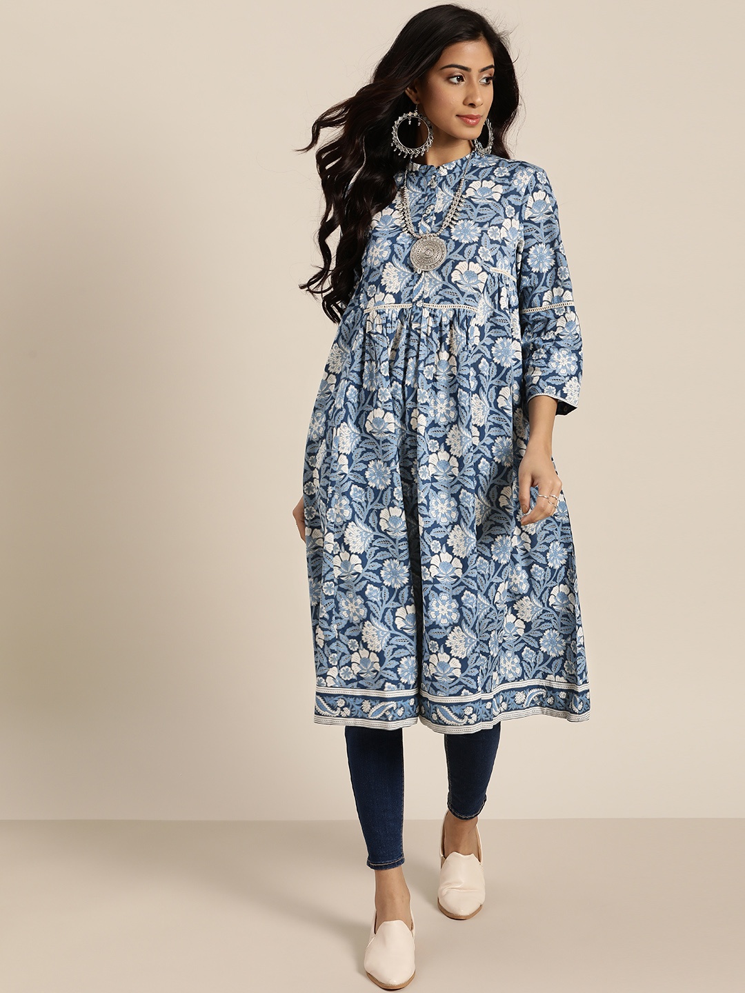 

Sangria Women Navy Blue & White Ethnic Motifs Printed A-Line Kurta