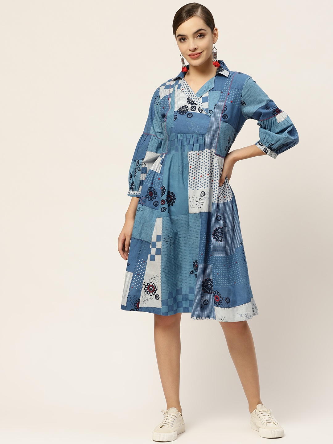 

Sangria Blue & White Ethnic Motifs Print Shirt Dress