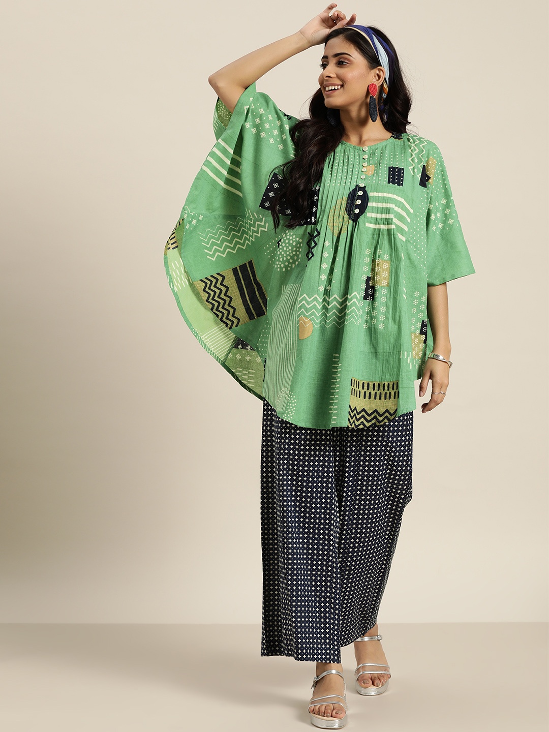 

Sangria Women Green & Navy Blue Printed Pure Cotton Top with Palazzos