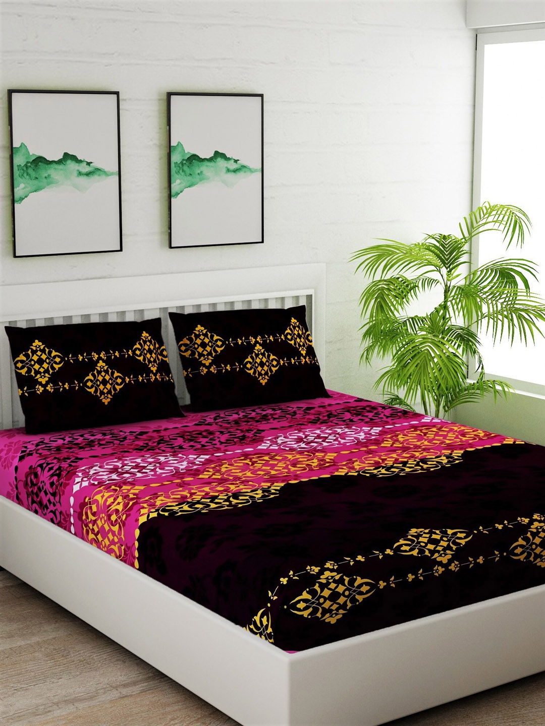 

Salona Bichona Black & Magenta Ethnic Motifs 120 TC Cotton 1 King Bedsheet with 2 Pillow Covers