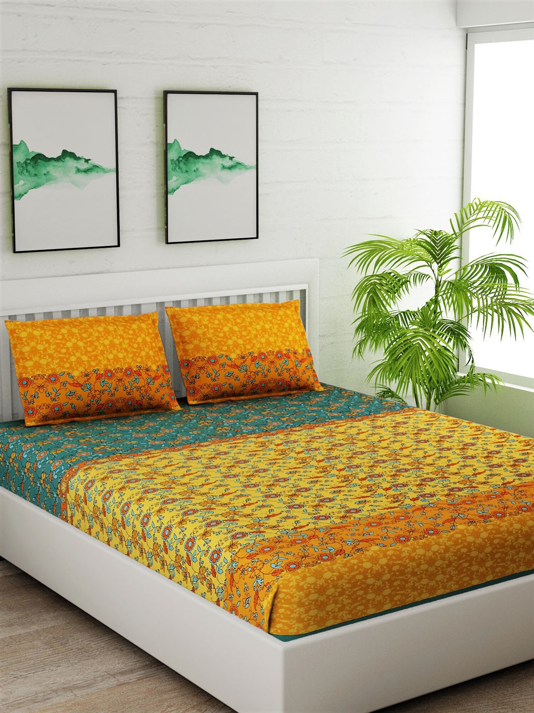 

Salona Bichona Yellow Printed 120 TC Double King Bedsheet With 2 Pillow Covers