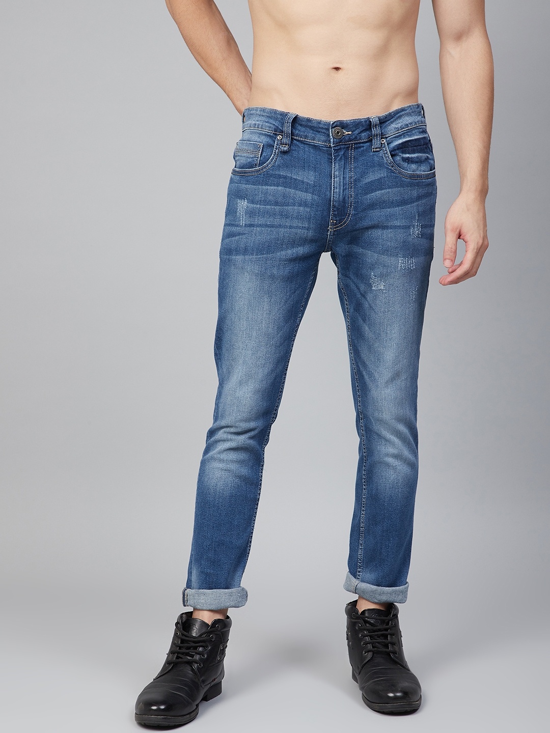 

Roadster Men Blue Skinny Fit Low Distress Heavy Fade Stretchable Jeans
