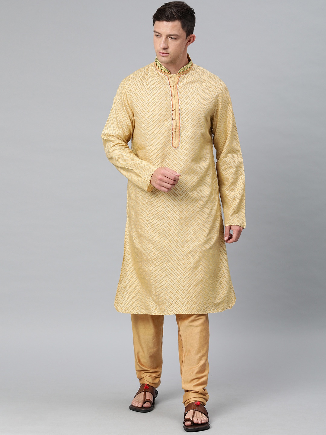 

Ethnix by Raymond Men Gold-Toned Printed Kurta with Churidar