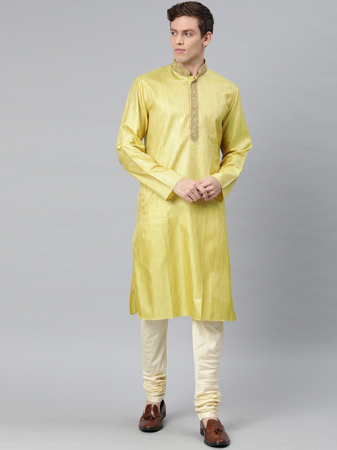 

Ethnix by Raymond Men Yellow & Off-White Woven Design Kurta with Churidar