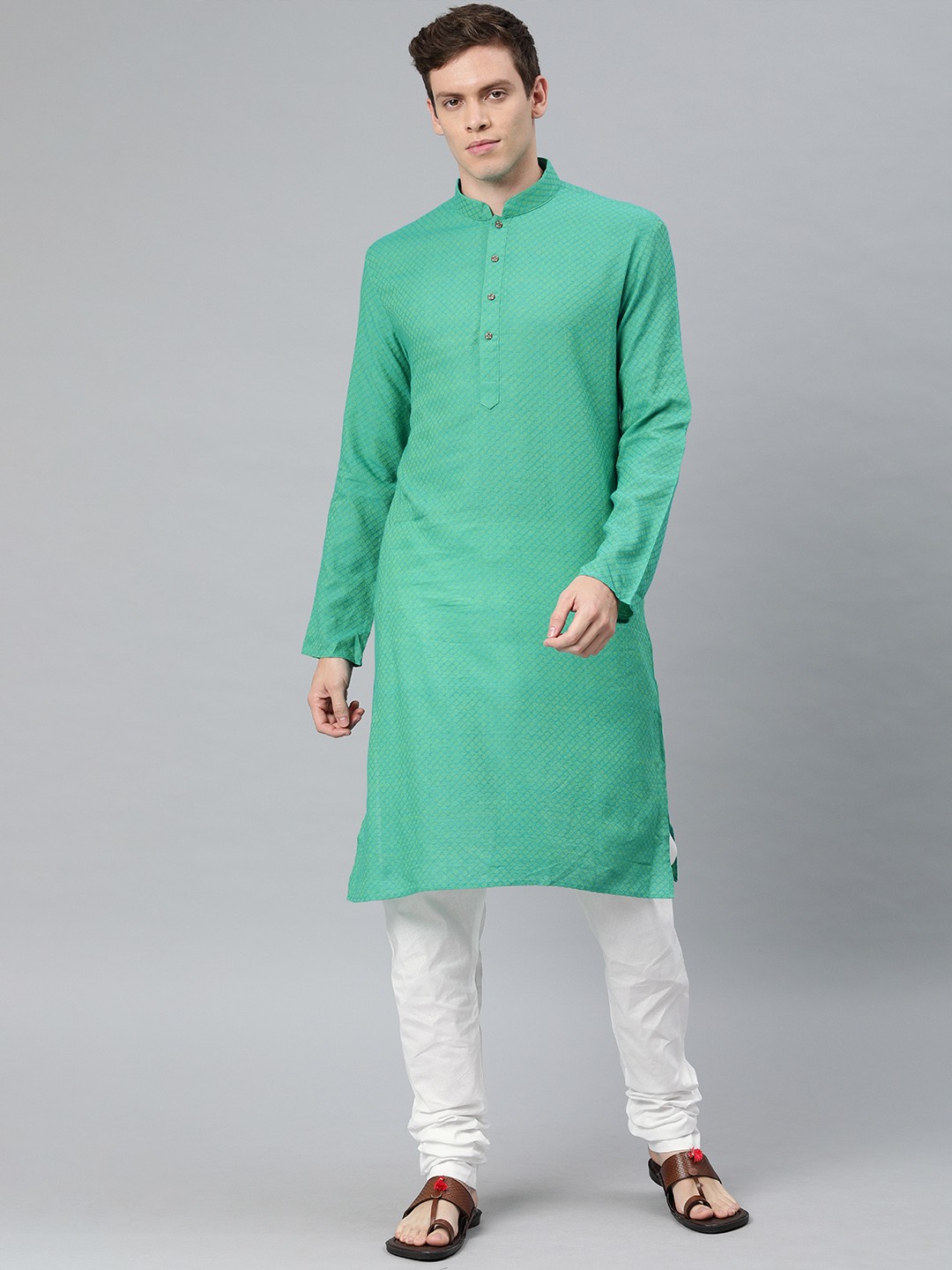 

Ethnix by Raymond Men Green & Blue Checked Straight Kurta