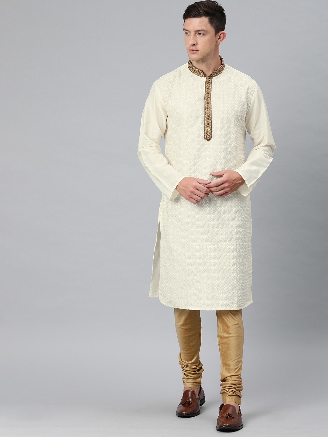 

Ethnix by Raymond Men White & Beige Embroidered Kurta with Trousers