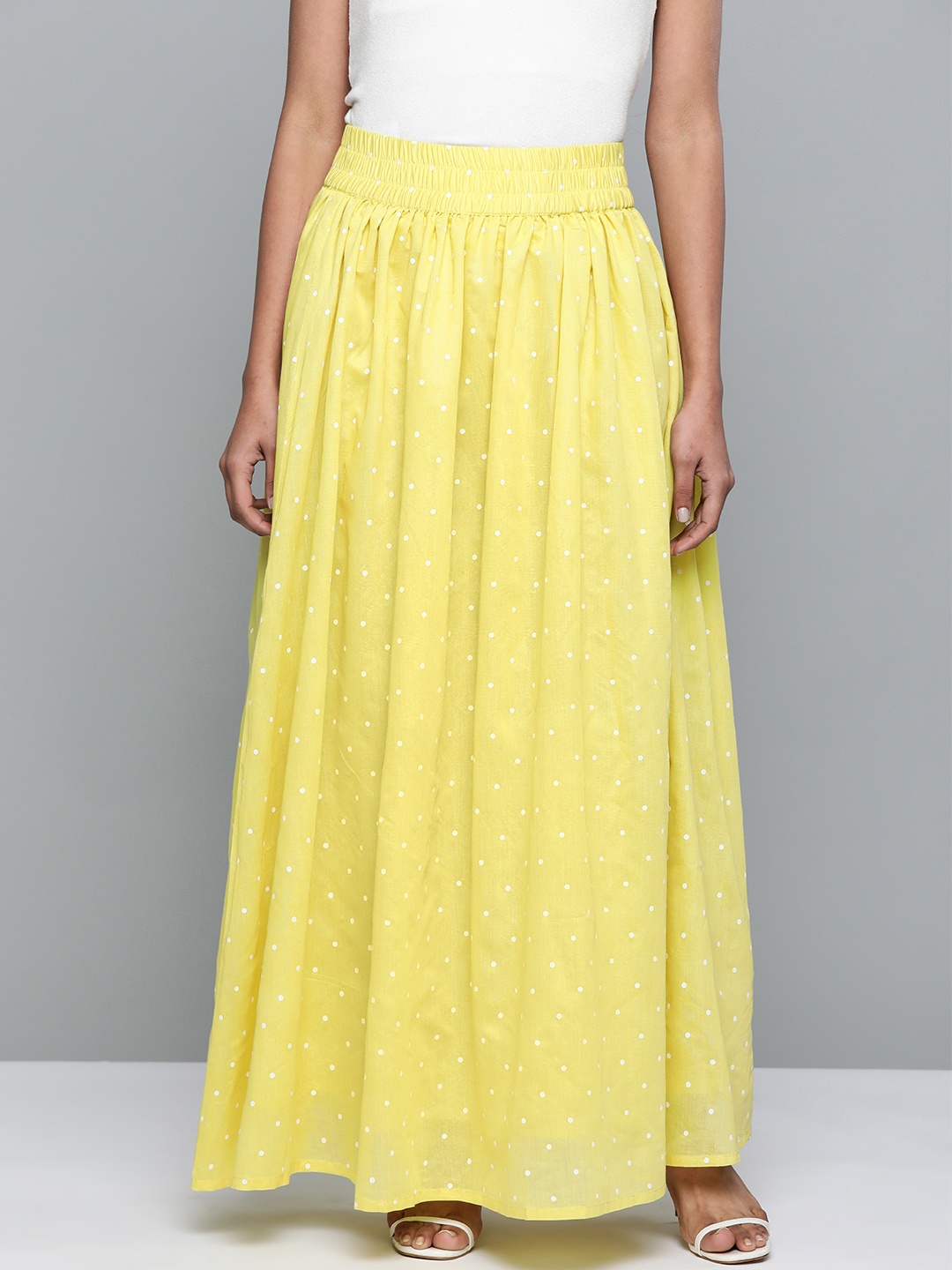 

Mustard Yellow & White Polka Dots Print Flared Maxi Skirt