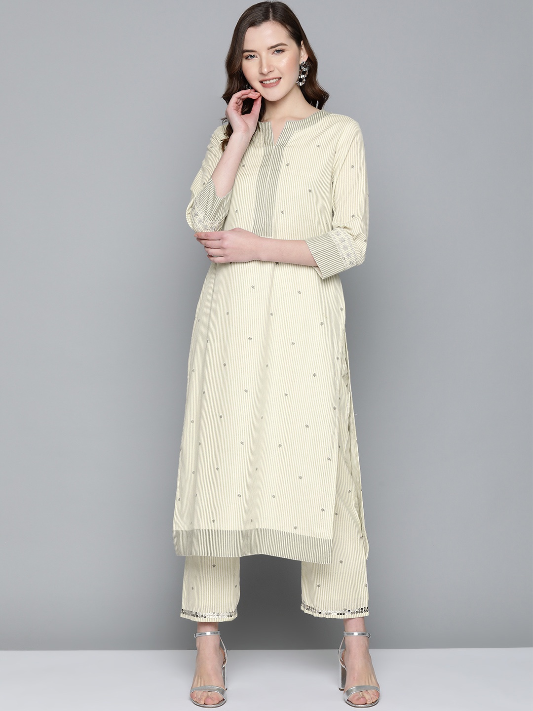 

HERE&NOW Women Off-White & Green Striped Kurta with Trousers
