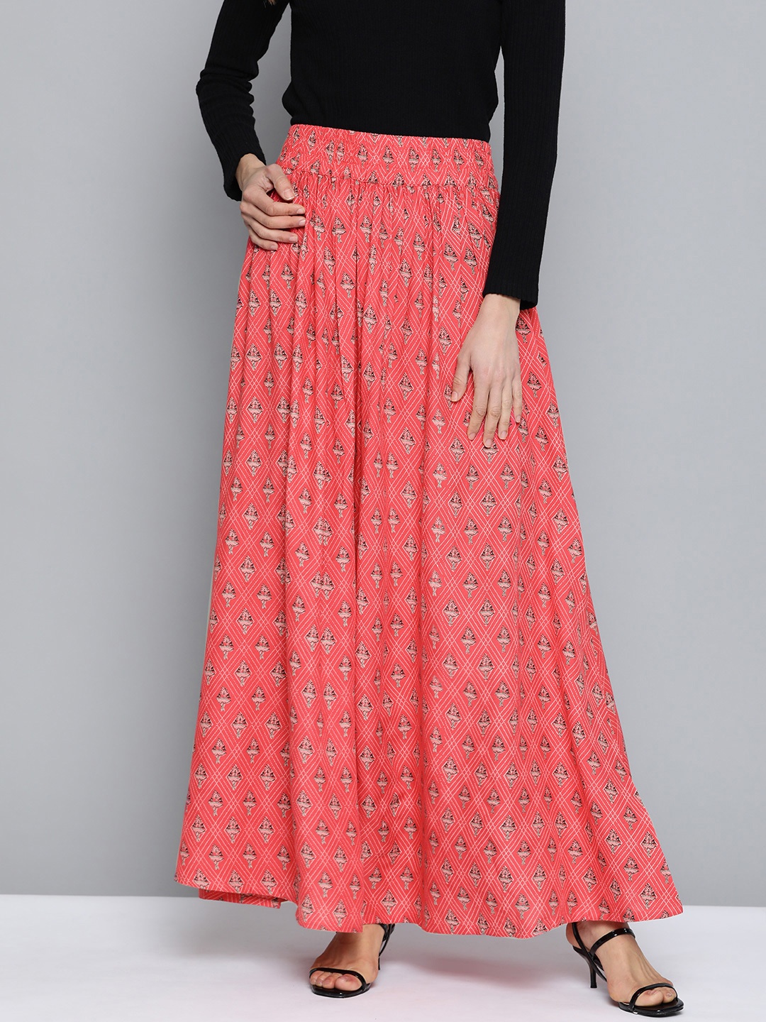 

HERE&NOW Women Coral Pink & Black Printed Maxi Flared Skirt