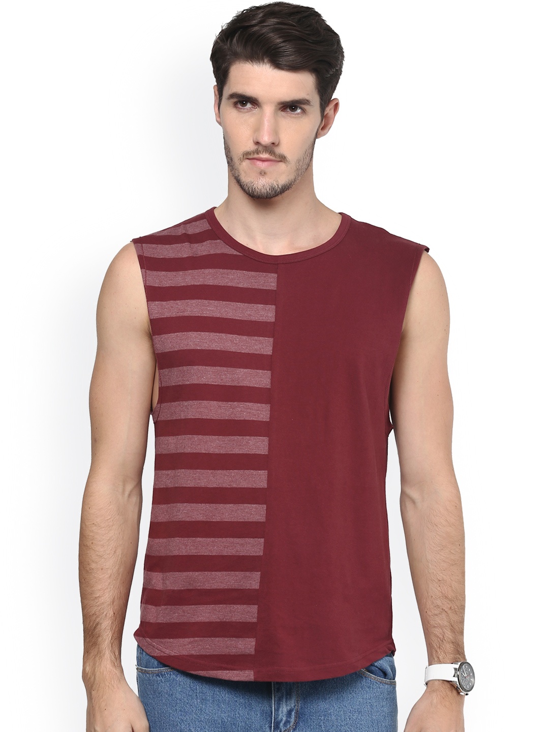 

Hypernation Maroon Striped Sleeveless Pure Cotton T-shirt