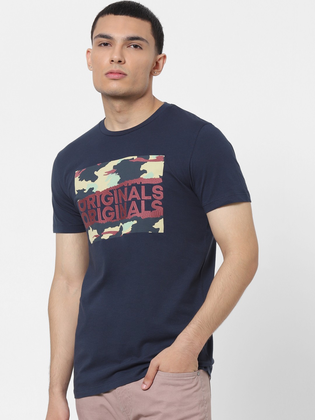 

Jack Jones Men Navy Blue Printed Round Neck Sustainable Pure Cotton T-shirtWith Embroidery