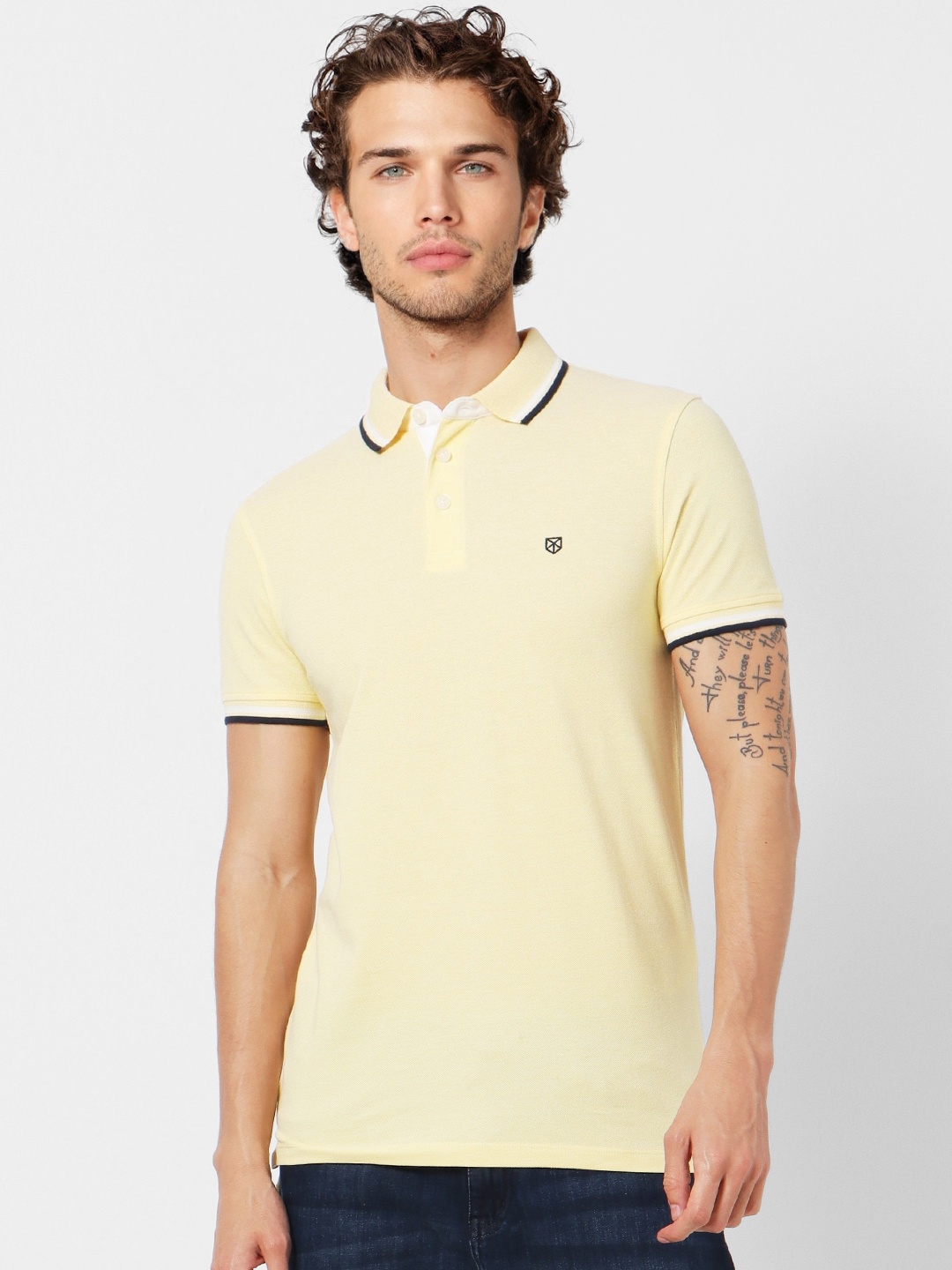 

Jack Jones Men Yellow Solid Polo Collar Pure Cotton T-shirt