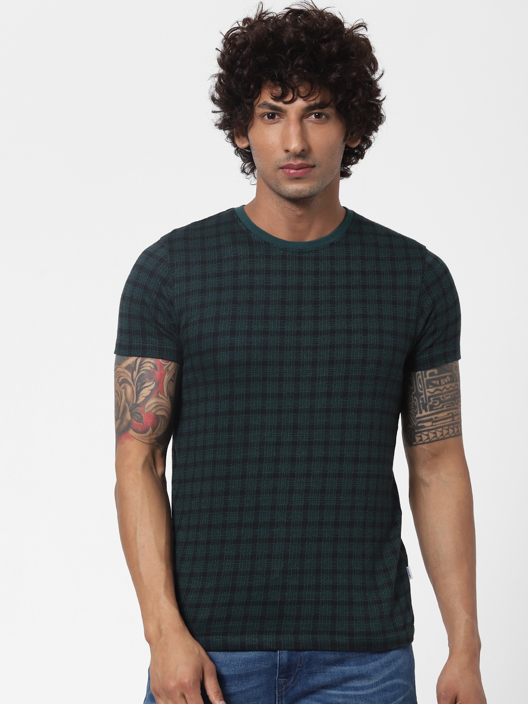 

Jack Jones Men Green Black Checked Round Neck Pure Cotton T-shirt