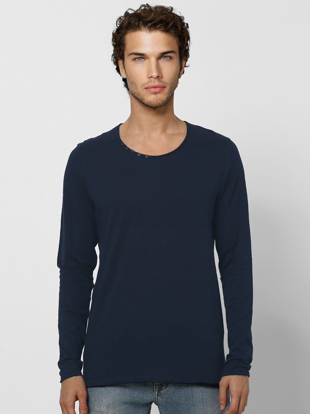 

Jack Jones Men Navy Blue Solid Round Neck Sustainable Pure Cotton T-shirt