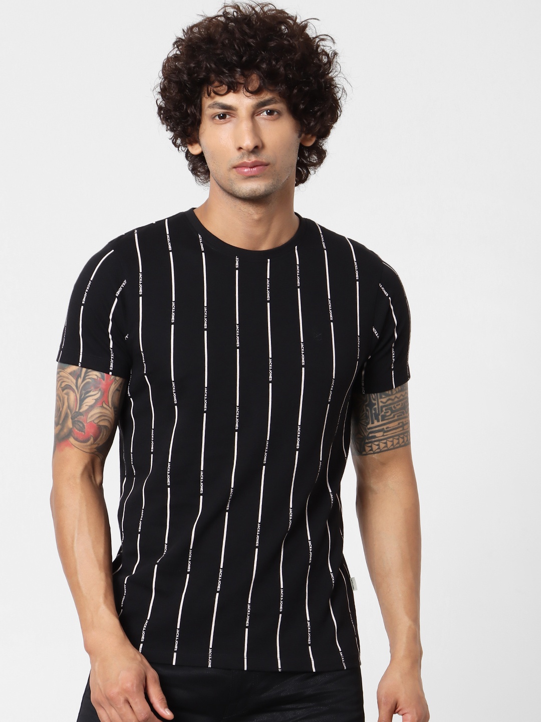 

Jack & Jones Men Black Striped Round Neck T-shirt