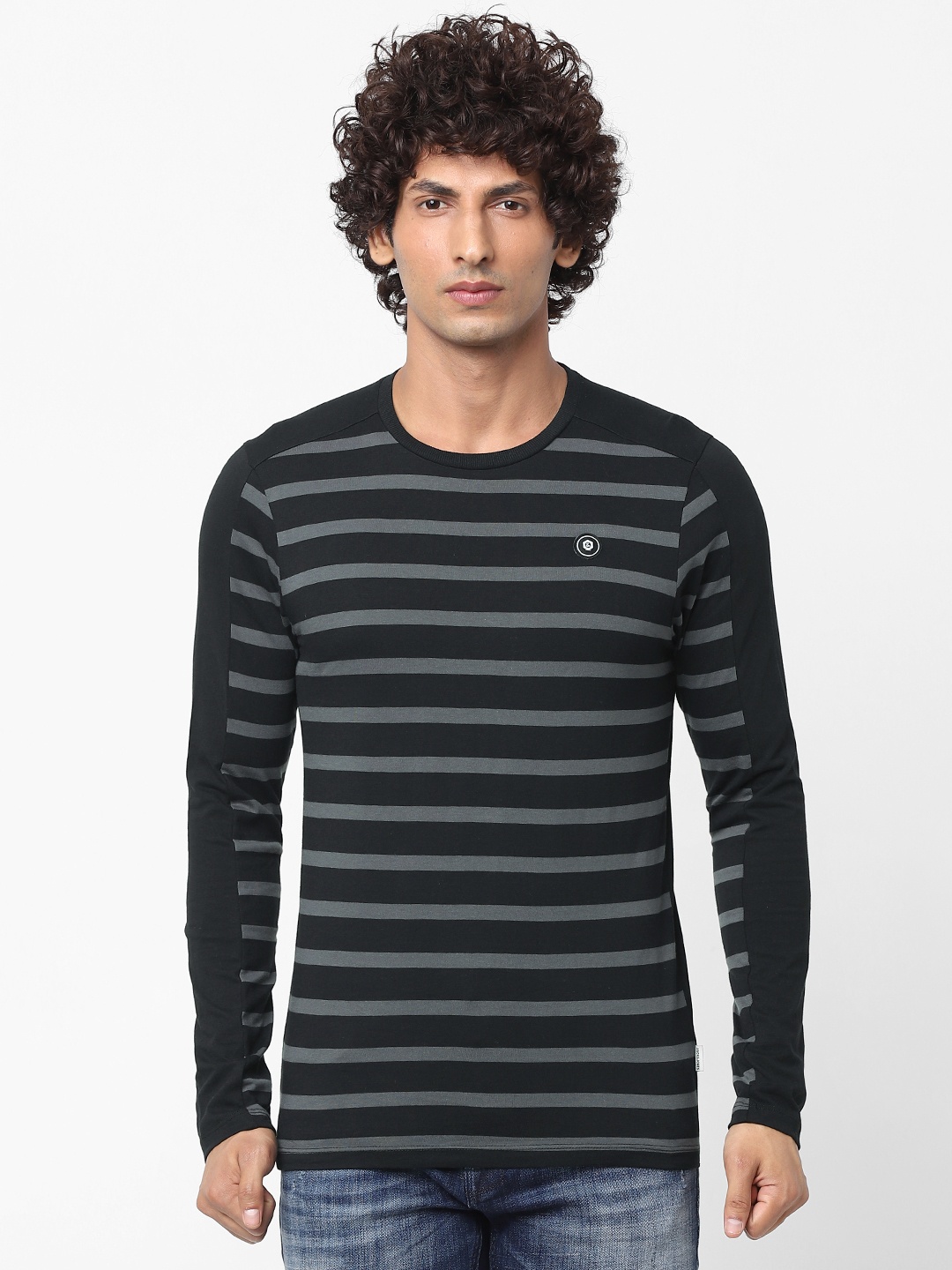 

Jack Jones Men Black Grey Printed Round Neck Sustainable Pure Cotton T-shirt