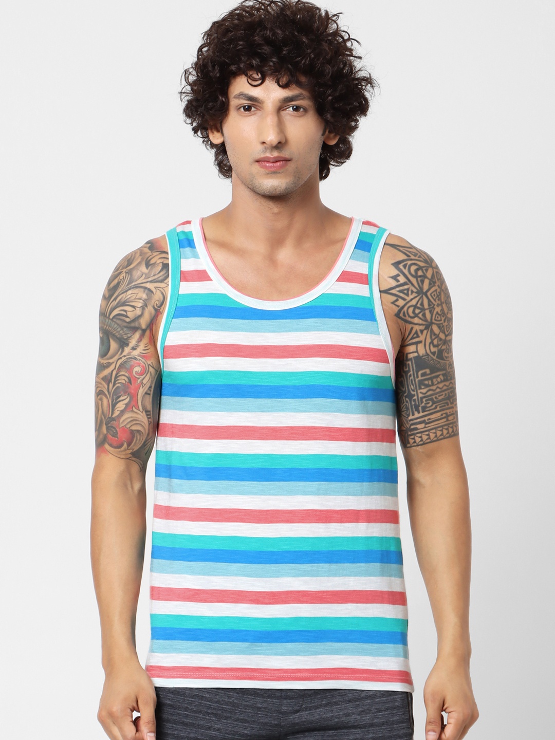 

Jack Jones Men White Blue Striped Slim Fit Scoop Neck Pure Cotton T-shirt