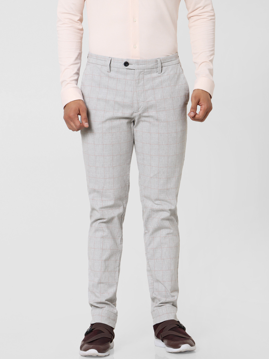 

Jack & Jones Men Grey Slim Fit Checked Regular Trousers