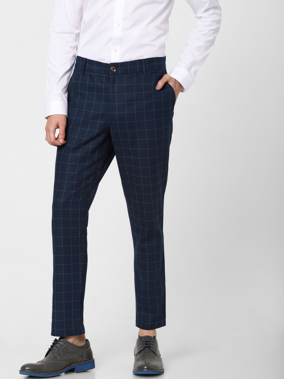 

Jack & Jones Men Navy Blue & Green Slim Fit Checked Regular Trousers