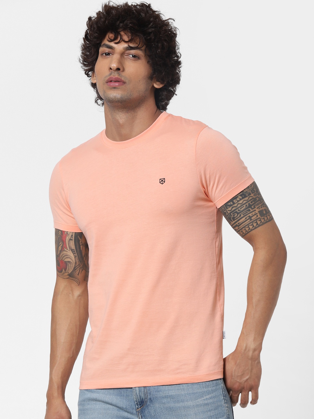 

Jack Jones Men Peach-Coloured Solid Slim Fit Round Neck Pure Cotton T-shirt