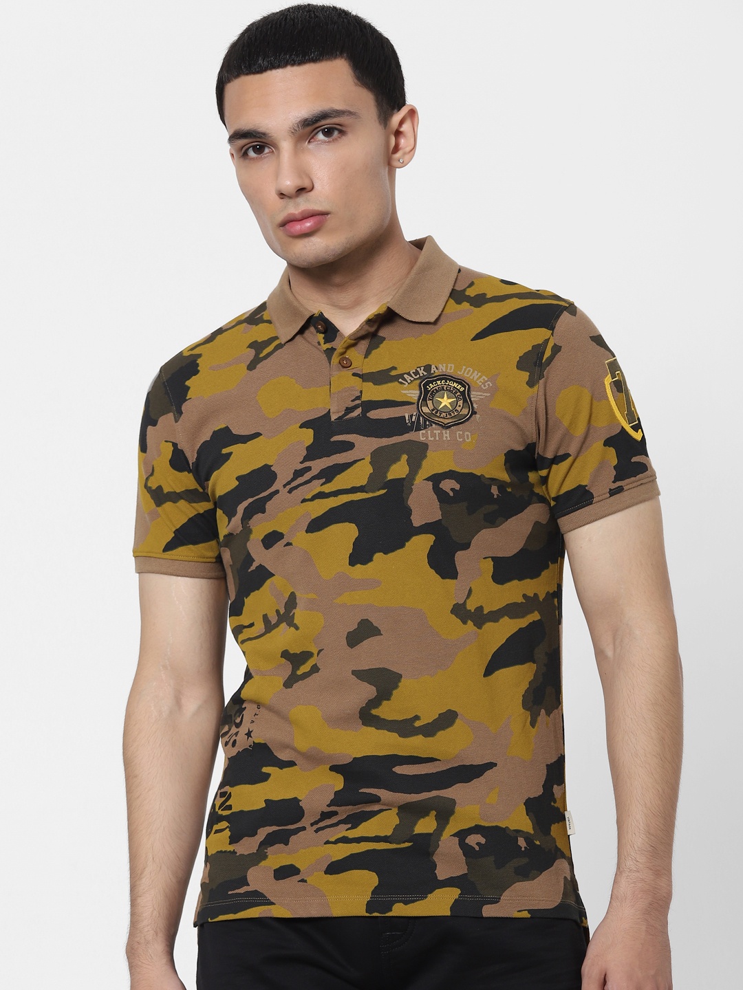 

Jack & Jones Men Brown Printed Polo Collar T-shirt