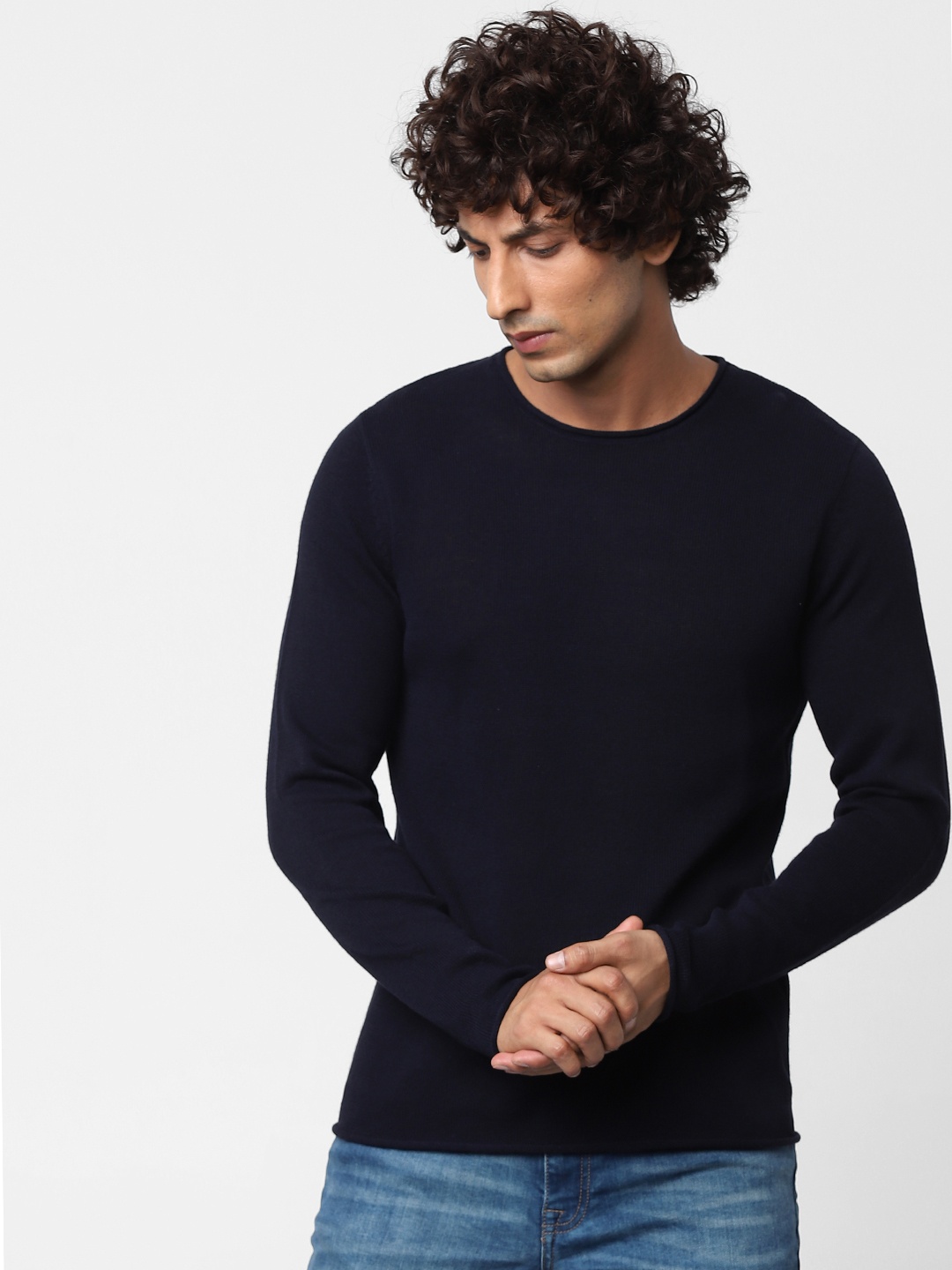 

Jack & Jones Men Navy Blue Solid Pullover Linen-Cotton Sustainable Sweater