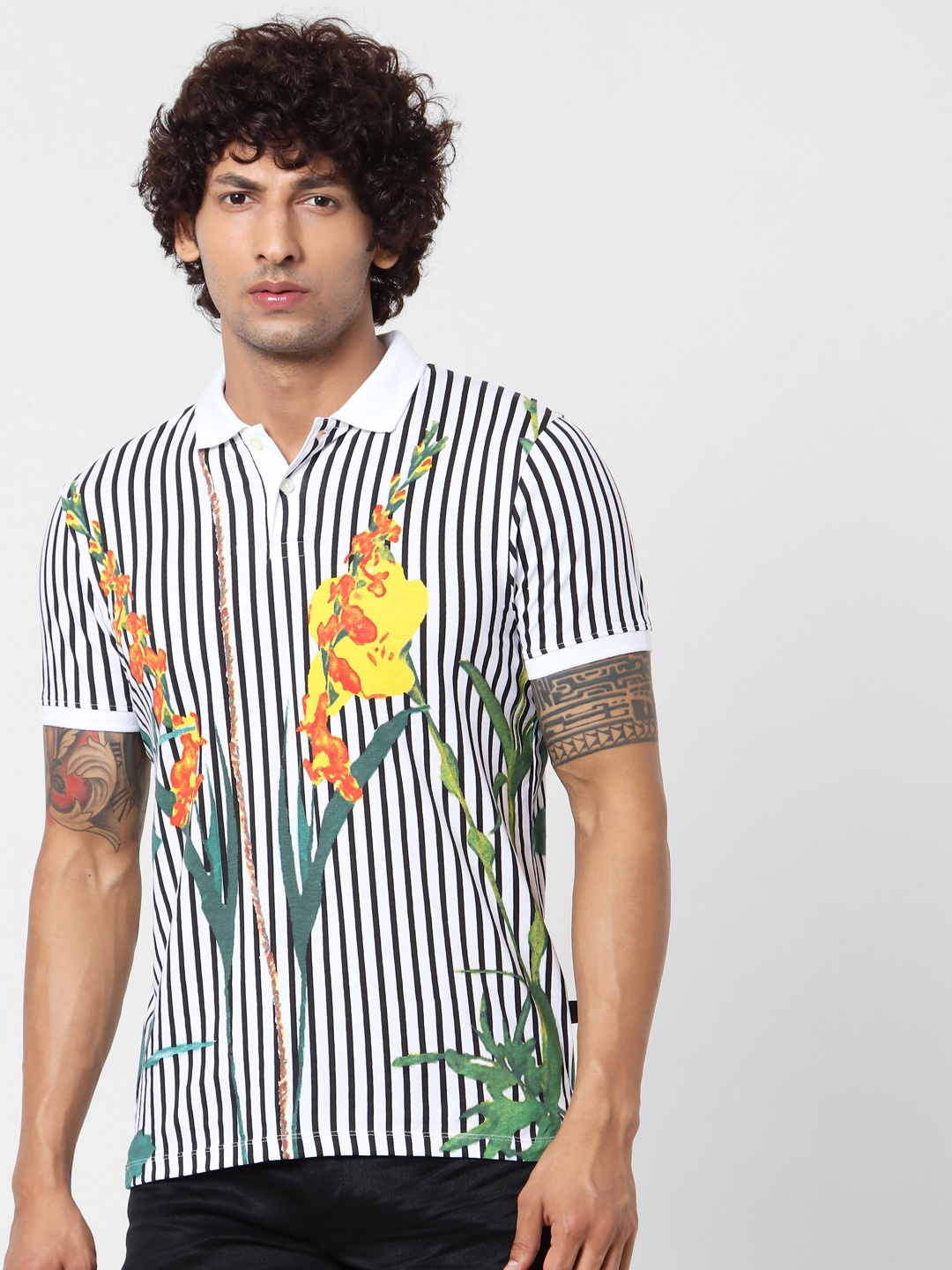 

Jack Jones Men White Striped Floral Printed Polo Collar Pure Cotton T-shirt