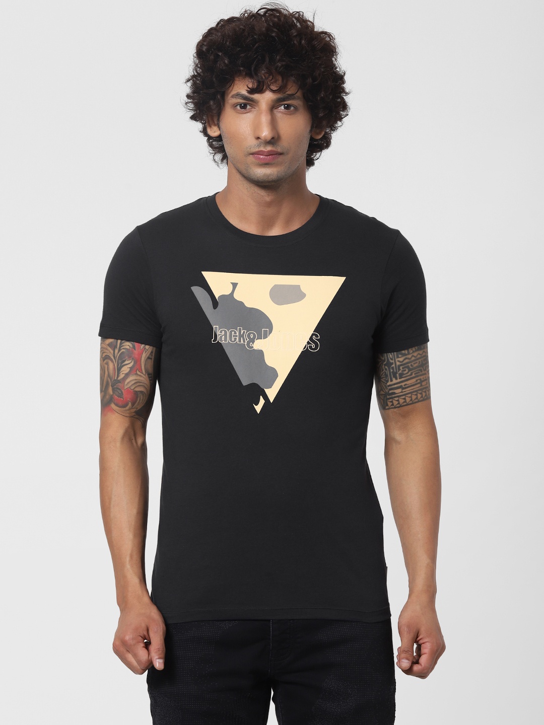 

Jack Jones Men Black Printed Round Neck Pure Cotton T-shirt