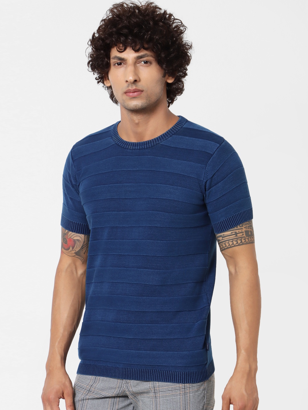 

Jack & Jones Men Blue Striped Pullover Sweater