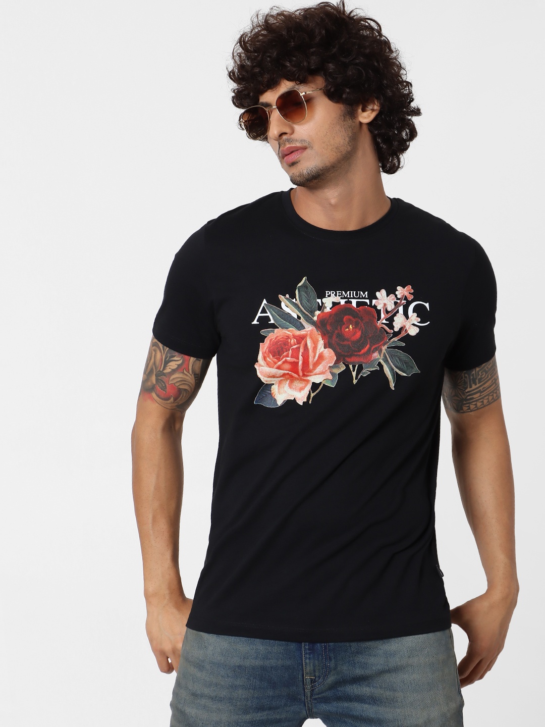 

Jack Jones Men Black Printed Slim Fit Round Neck Sustainable Pure Cotton T-shirt