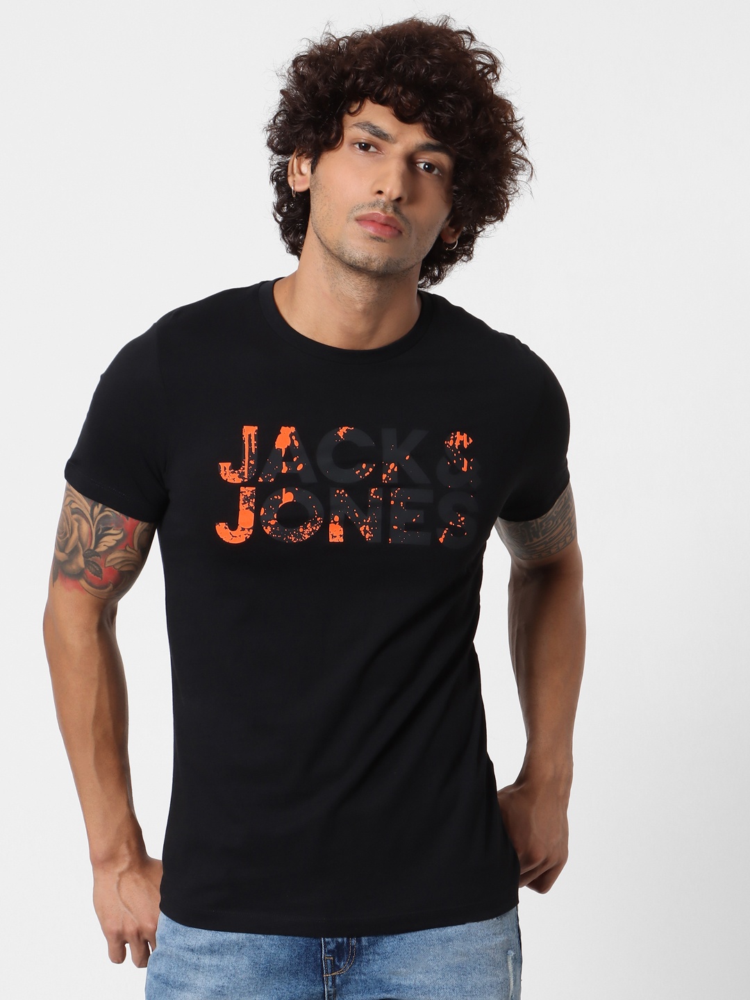 

Jack Jones Men Black Printed Slim Fit Round Neck Sustainable Pure Cotton T-shirt