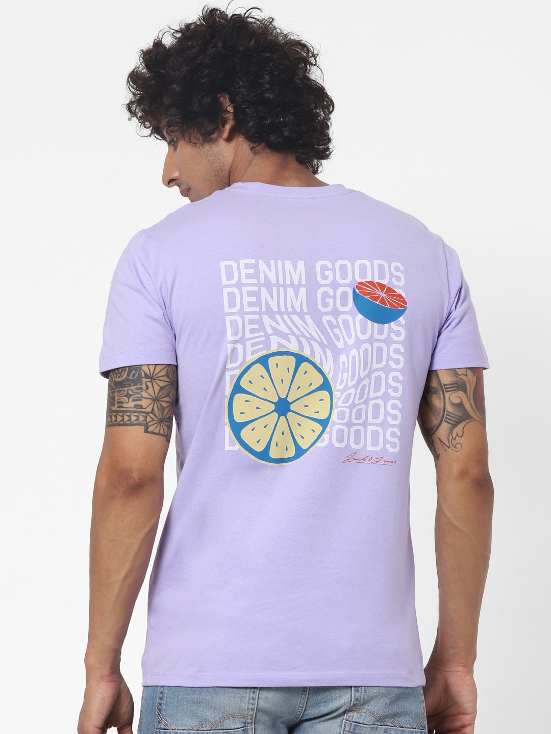 

Jack Jones Men Lavender Printed Slim Fit Round Neck Sustainable Pure Cotton T-shirt