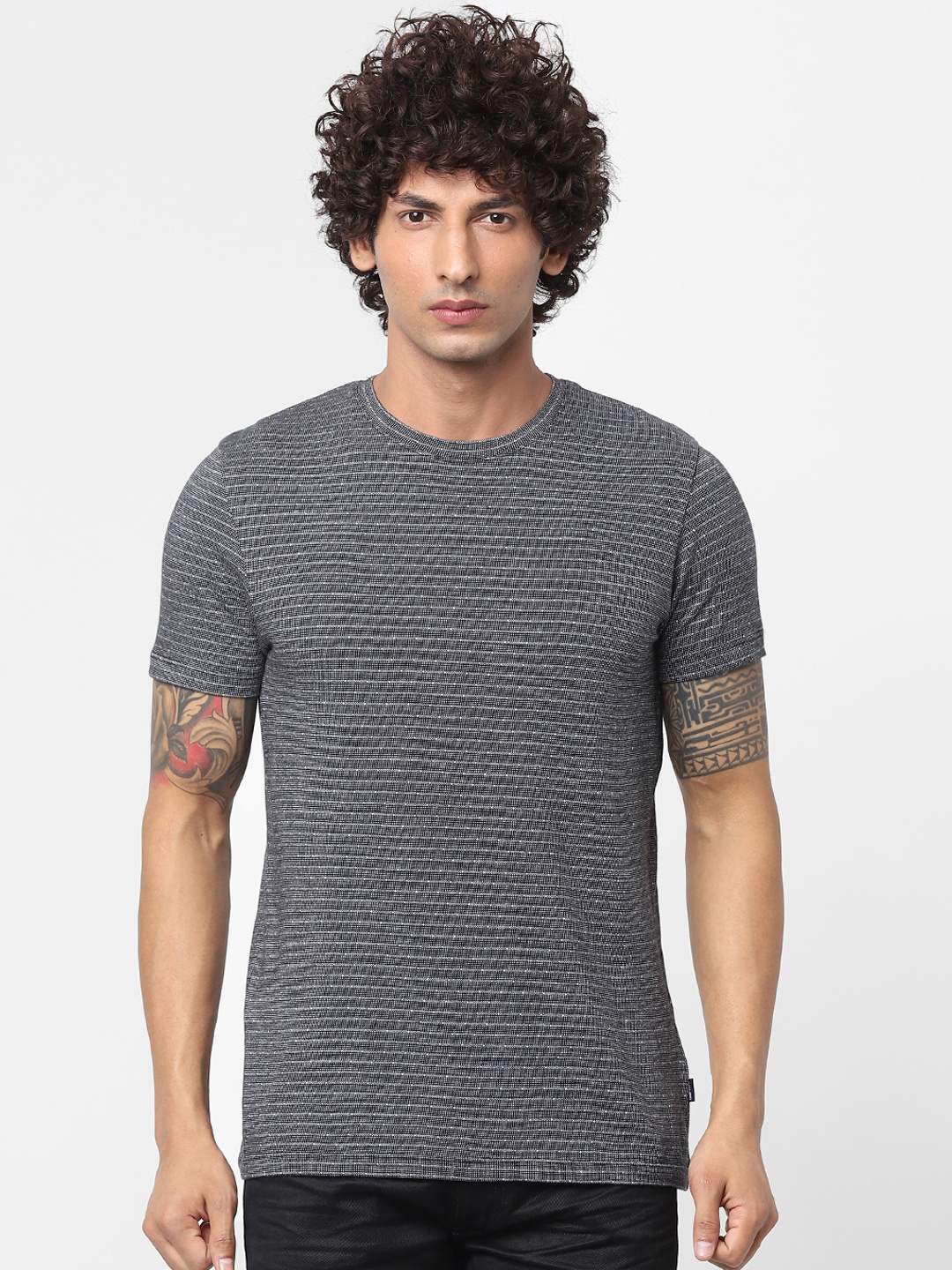 

Jack Jones Men Charcoal Grey Self-Striped Round Neck Sustainable Pure Cotton T-shirt